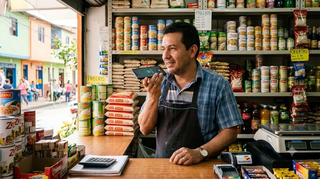Tendero armando su mandado desde el celular en el mostrador de su tienda